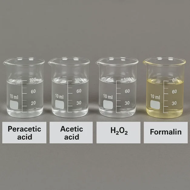 مقایسه اسید پراستیک، اسید استیک، فرمالین، آب اکسیژنه
