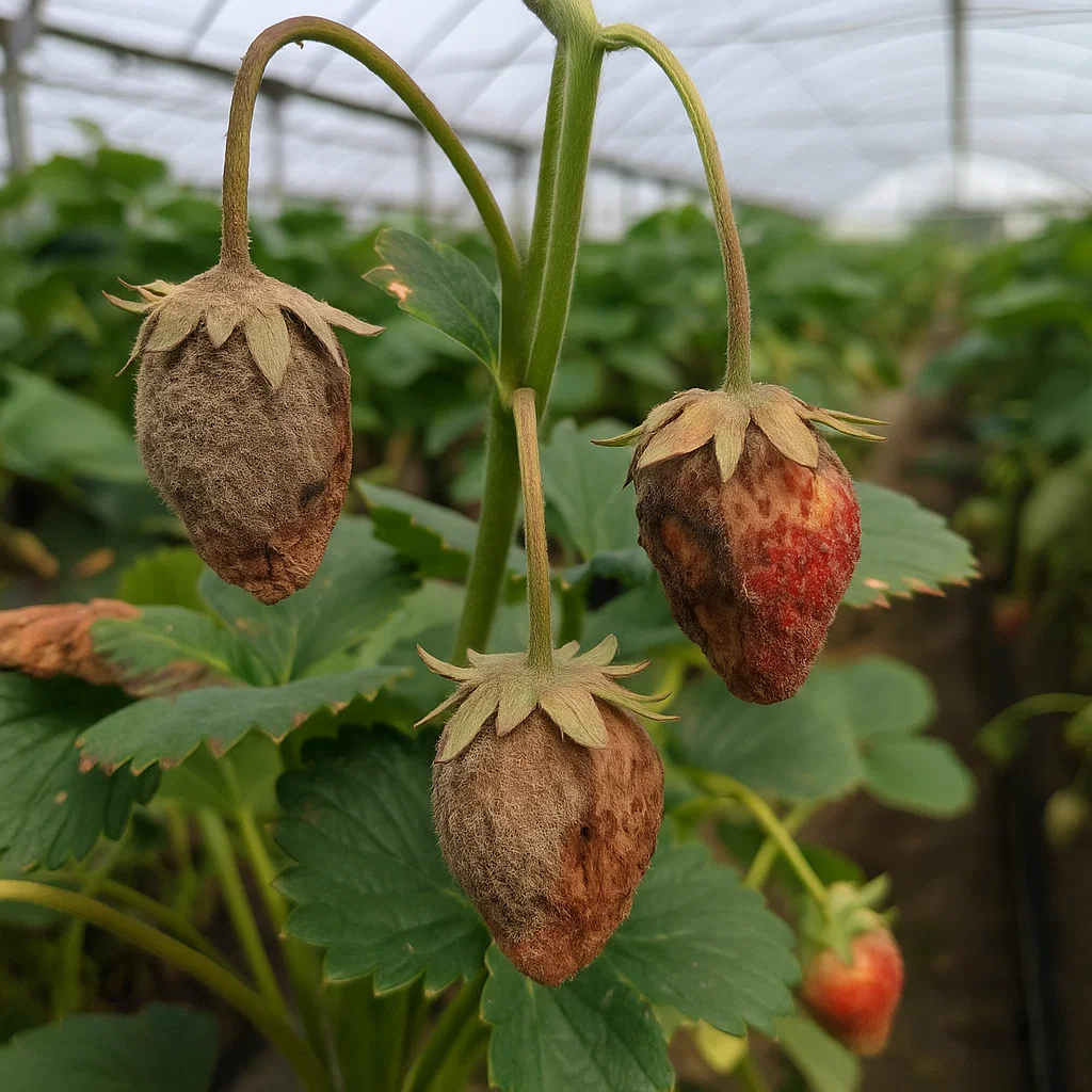 علائم کپک خاکستری در توت فرنگی گلخانه ای