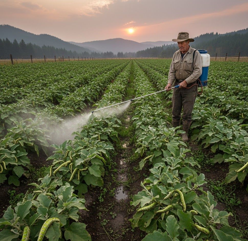 سمپاشی یرای مبارزه با آفات بادنجان