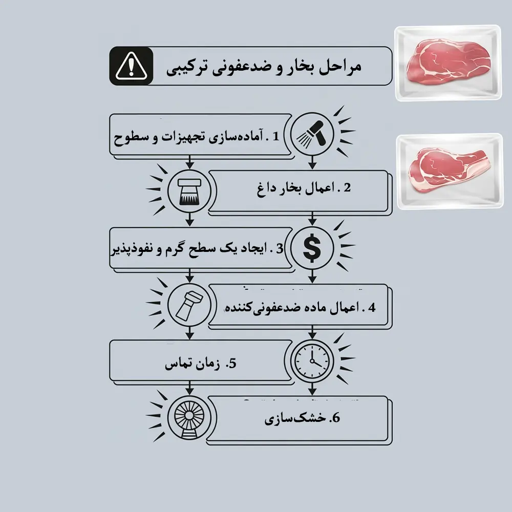 مراحل ضدعفونی با بخار خطوط تولید و بسته بندی گوشت